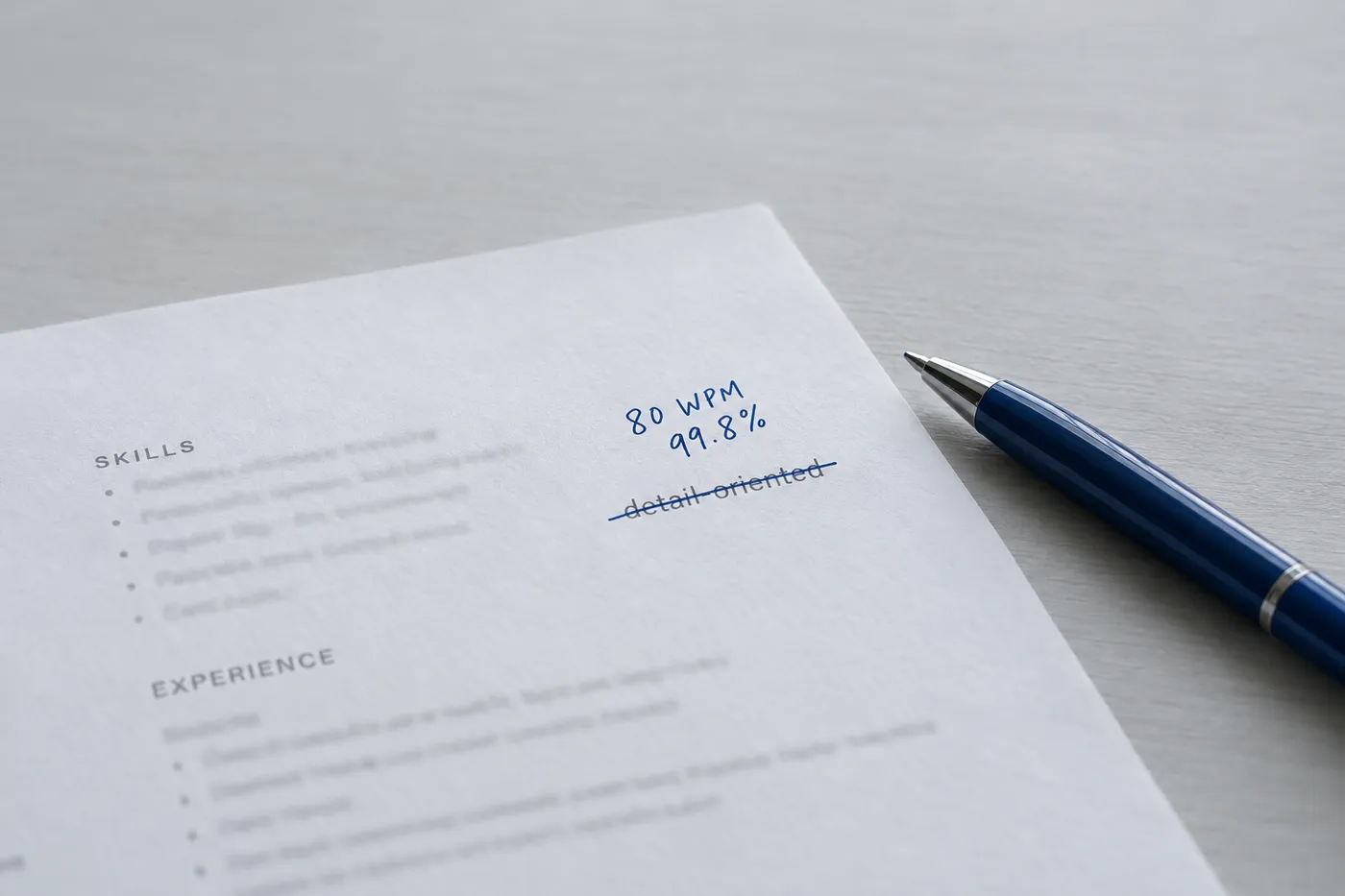 A printed resume summary with 'detail-oriented' crossed out and replaced by handwritten metrics '80 WPM' and '99.8%'