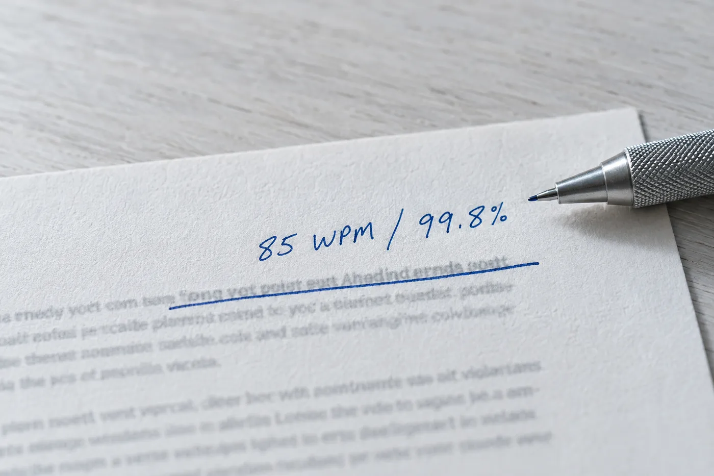Close-up of a resume with generic text crossed out and replaced by handwritten '85 WPM / 99.8%' in blue ink.