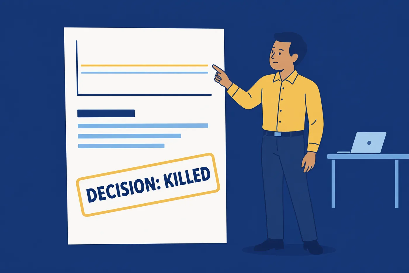 A data scientist points to a giant experiment report showing a flat line chart and a stamp reading DECISION: KILLED.
