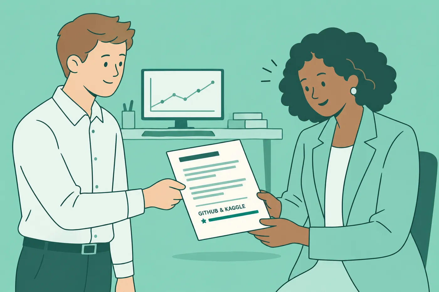 A hiring manager reviews a candidate's resume focusing on the highlighted GitHub and Kaggle portfolio section.
