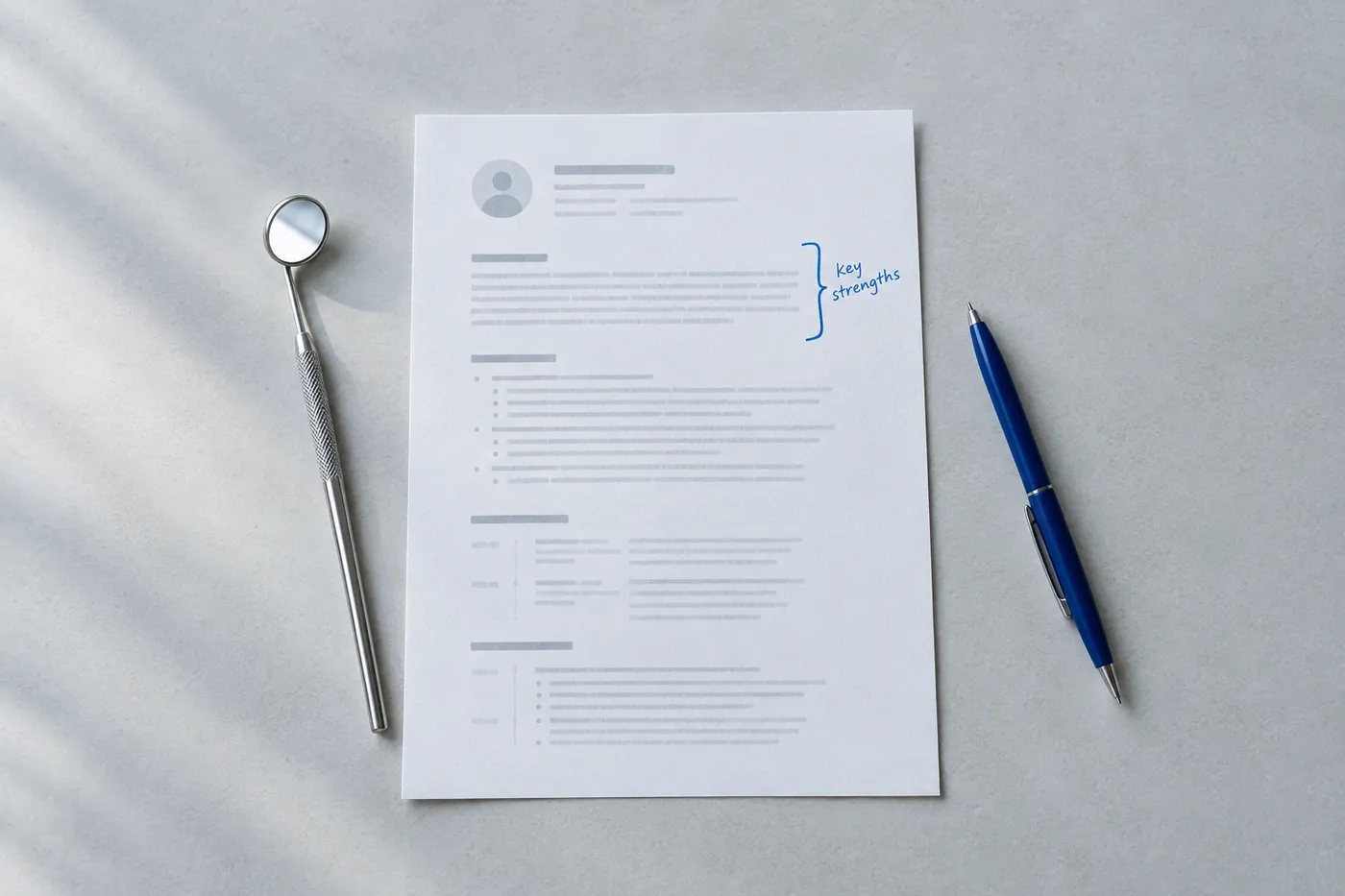 A dental mouth mirror and a blue pen rest on a printed resume sheet, illustrating the balance of clinical and admin skills.