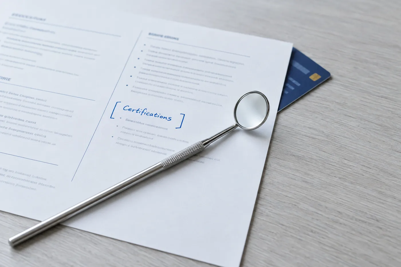 A dental mirror rests on a resume next to a highlighted certifications section and a blue credential card.
