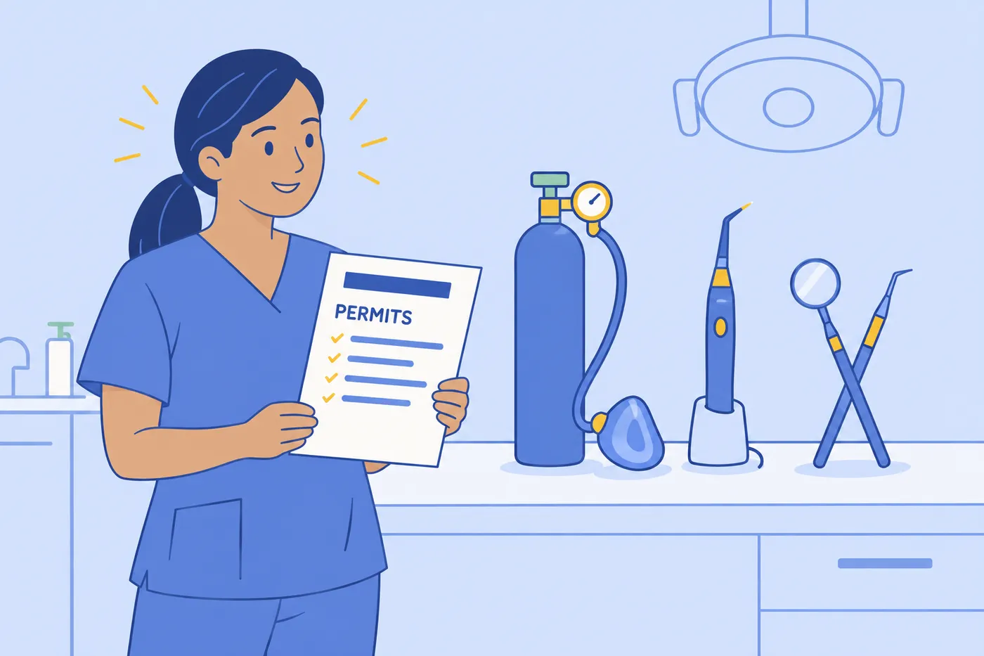 A dental hygienist holds a resume highlighting her permits, alongside nitrous, laser, and restorative dental tools.