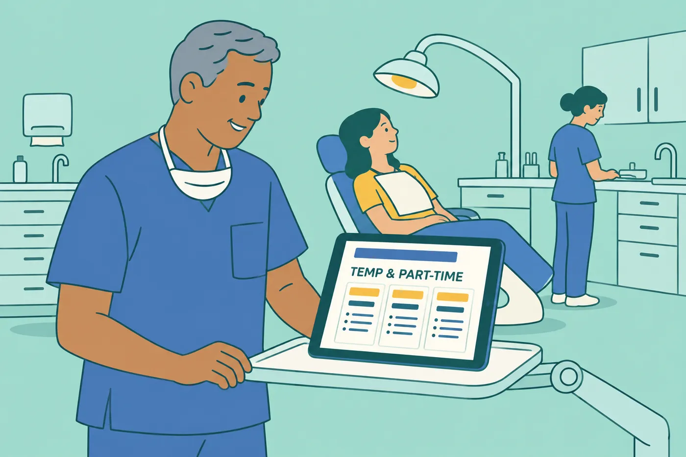 A senior dental hygienist reviews a multi-practice resume on a tablet in a clinic, illustrating how to list part-time roles.