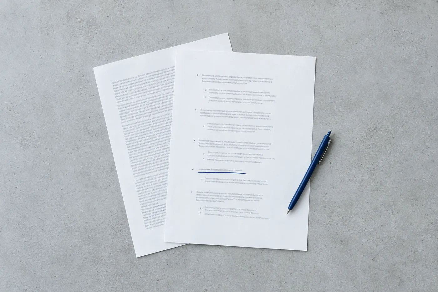 A flat lay of two resume pages on a grey desk, contrasting a cluttered text block with a clean, structured bullet point underlined in blue.