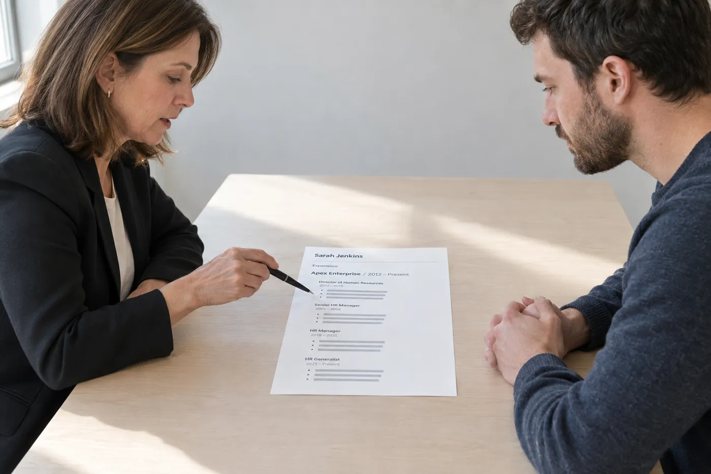 A recruiter and candidate review a resume showing four nested promotions under a single company header.