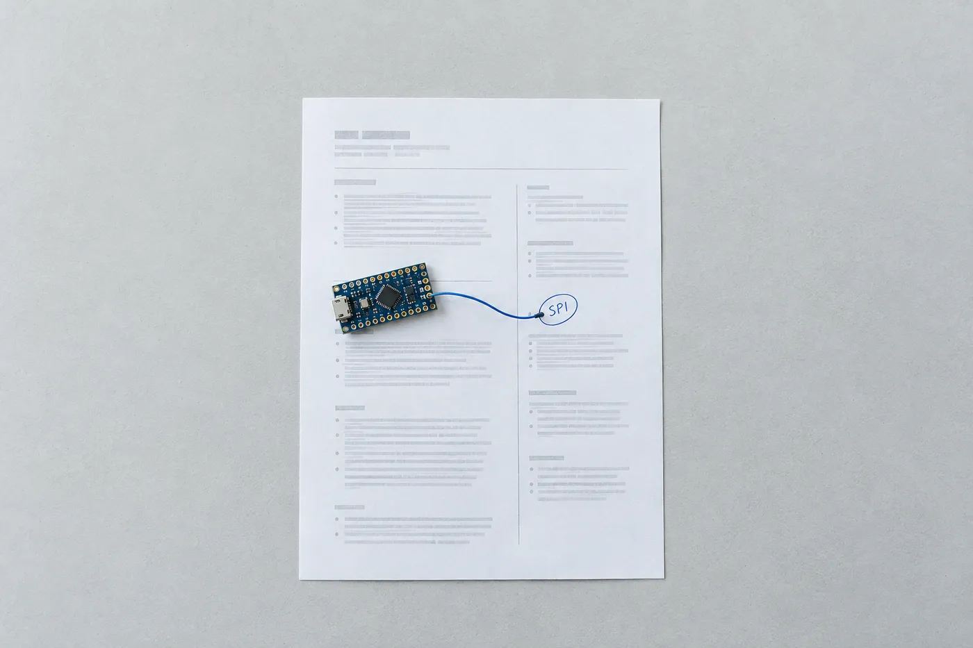 A dark blue microcontroller board on a printed resume, connected by a blue wire to a handwritten circle around the word SPI.