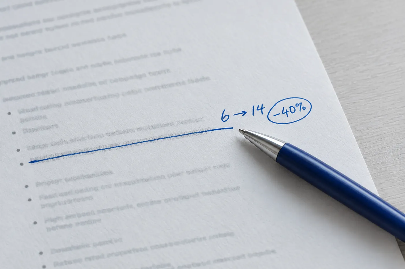 Close-up of a printed resume with a line crossed out and replaced by handwritten metrics to quantify team growth and delivery.