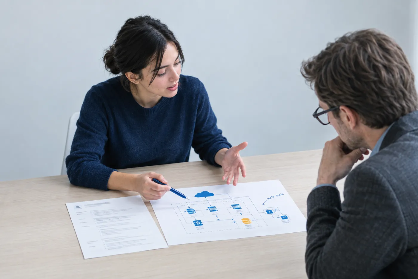 A junior candidate and an interviewer discuss a printed cloud architecture diagram and resume during a technical interview.