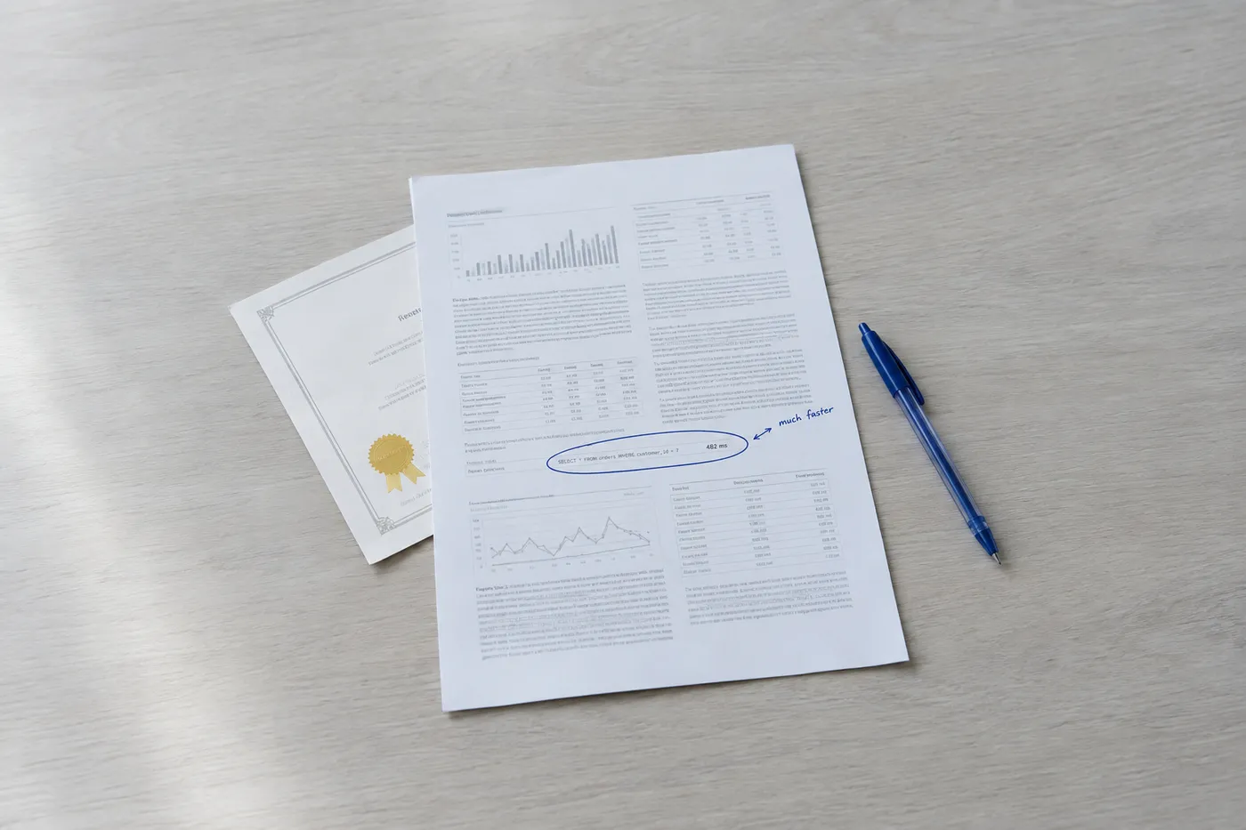A printed project report with a circled metric in blue ink sits on a desk, overshadowing a generic bootcamp certificate.