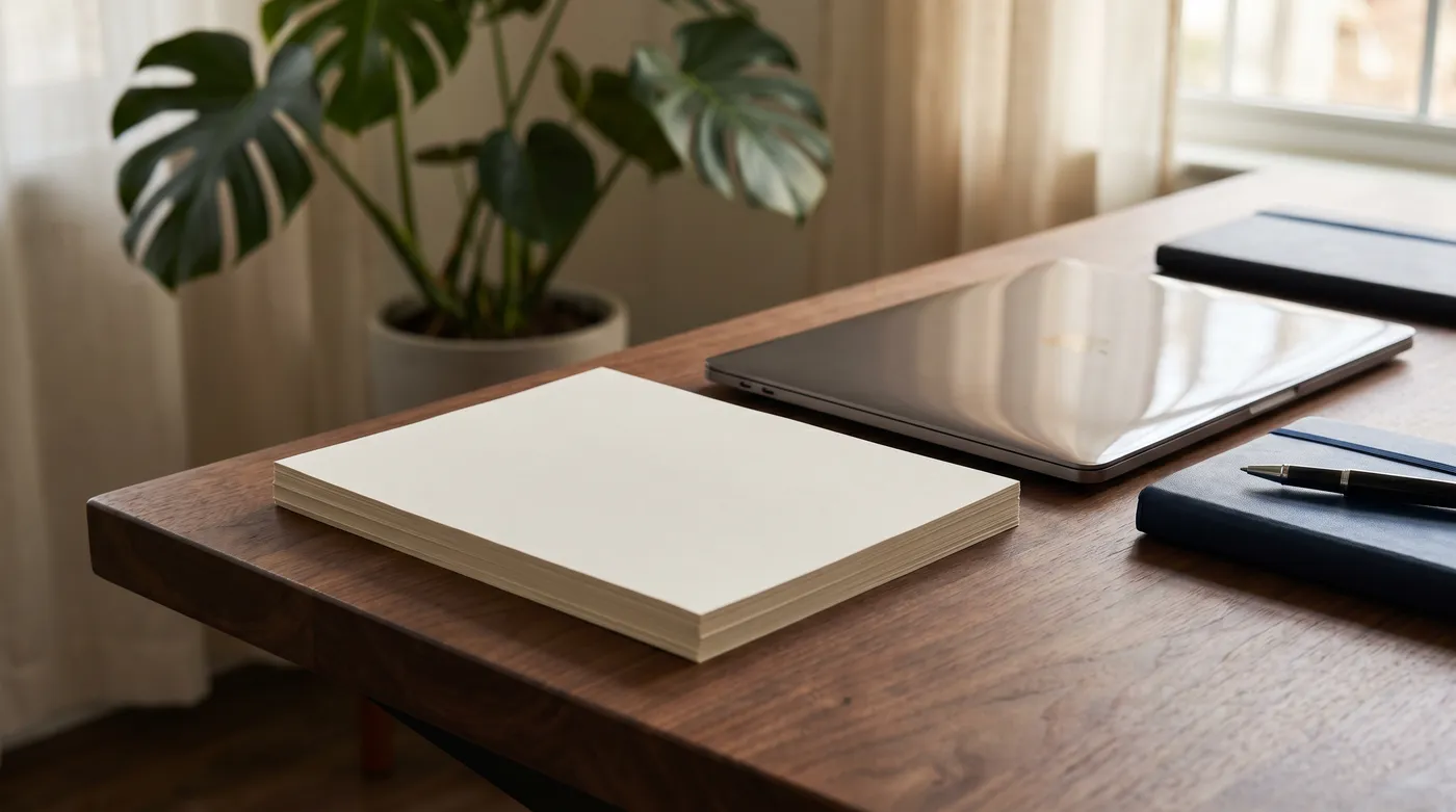 A stack of blank resume pages and a closed laptop on a walnut desk, lit by soft window light.