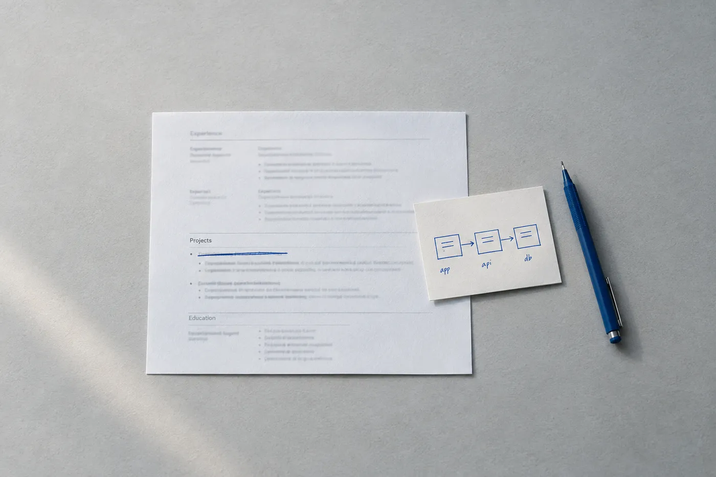 A printed resume with a weak project description crossed out in blue ink, next to a hand-drawn system architecture diagram.