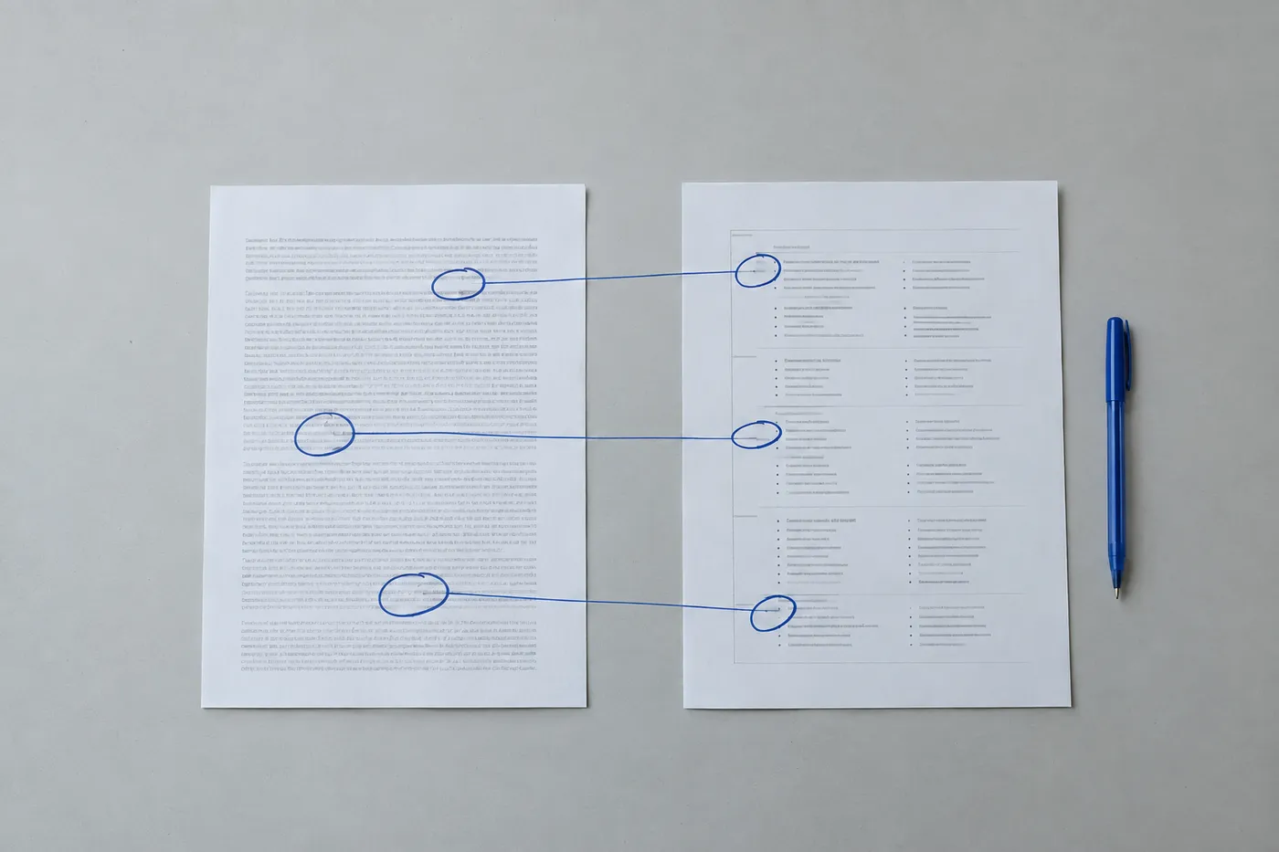 Two printed pages side by side with matching spots circled and connected by blue ink lines, representing ATS keyword alignment.