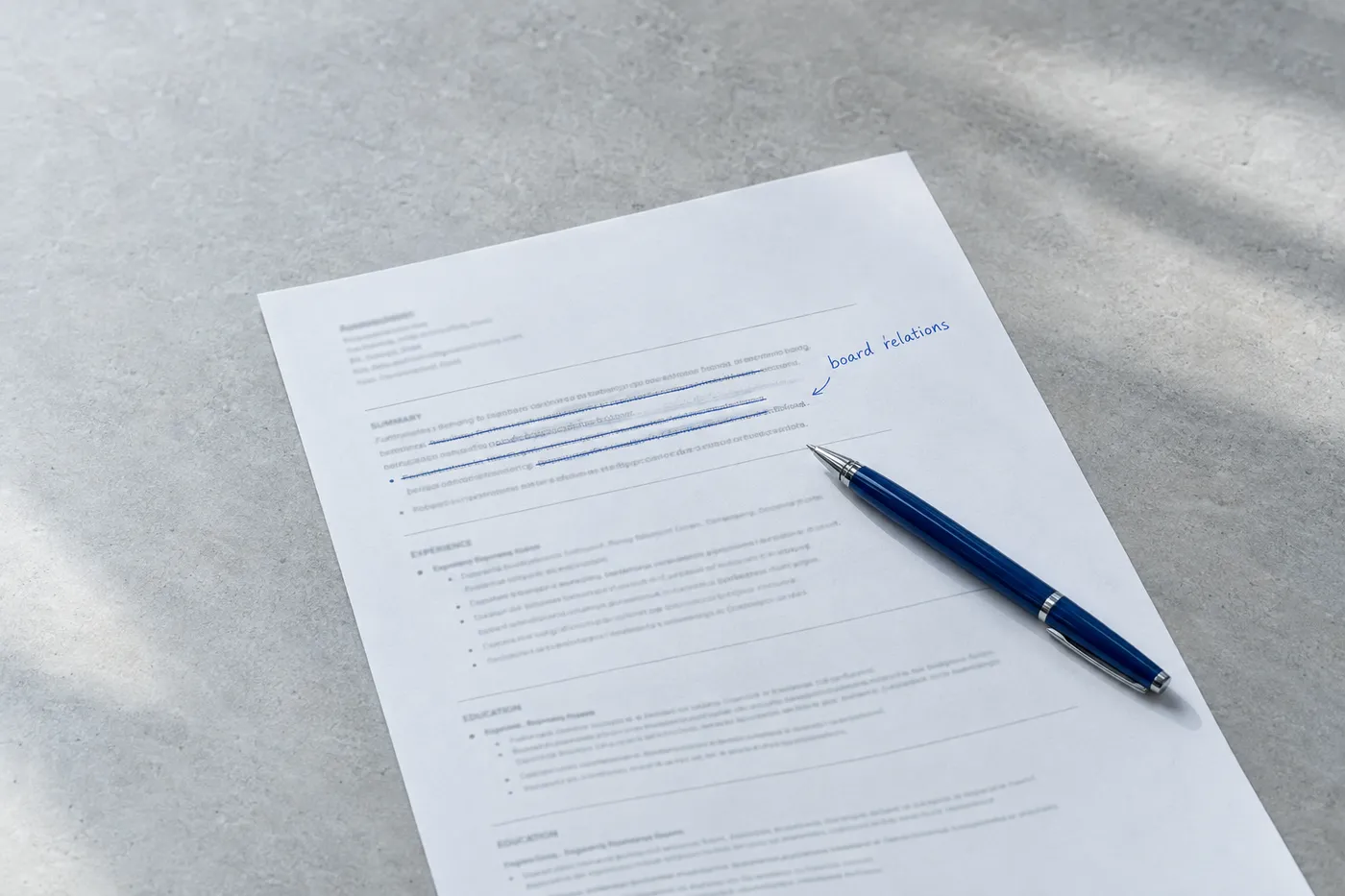 A printed resume draft on a grey desk with generic tasks crossed out and 'board relations' written in blue ink.