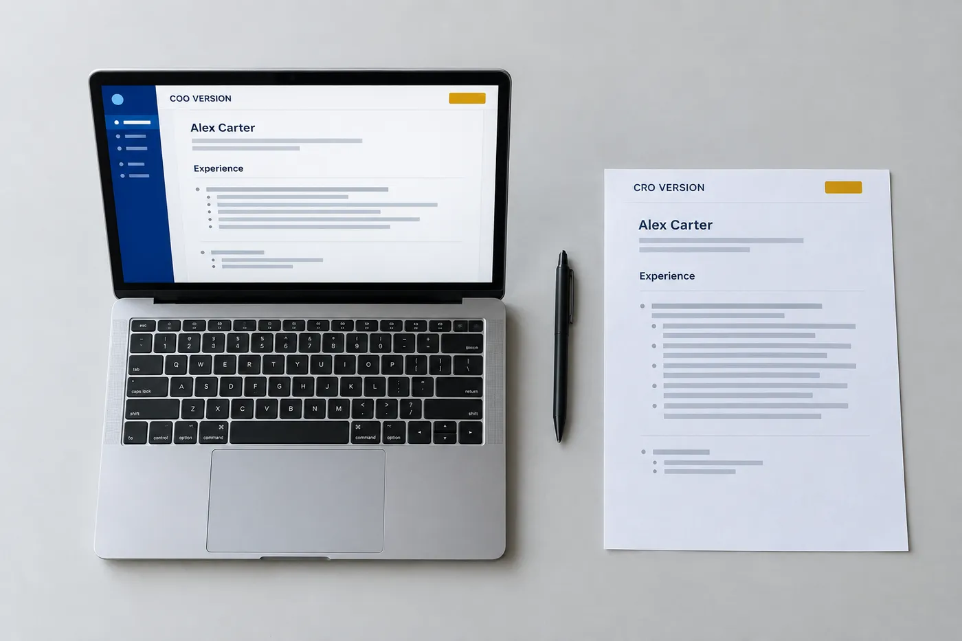 A laptop showing a COO resume next to a printed CRO resume, illustrating how roles are prioritized for different mandates.