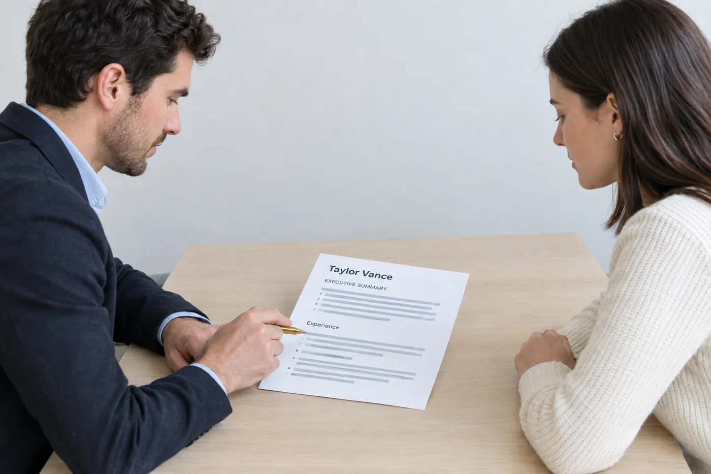 Two professionals at a table reviewing a resume with a prominent five-line executive summary section.