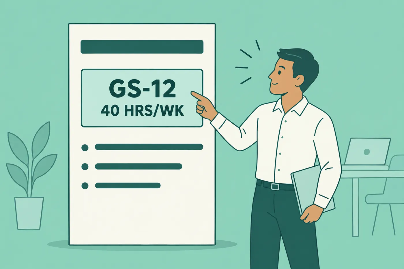 A job seeker points to the GS-12 and 40 hours per week requirement on a giant federal resume.