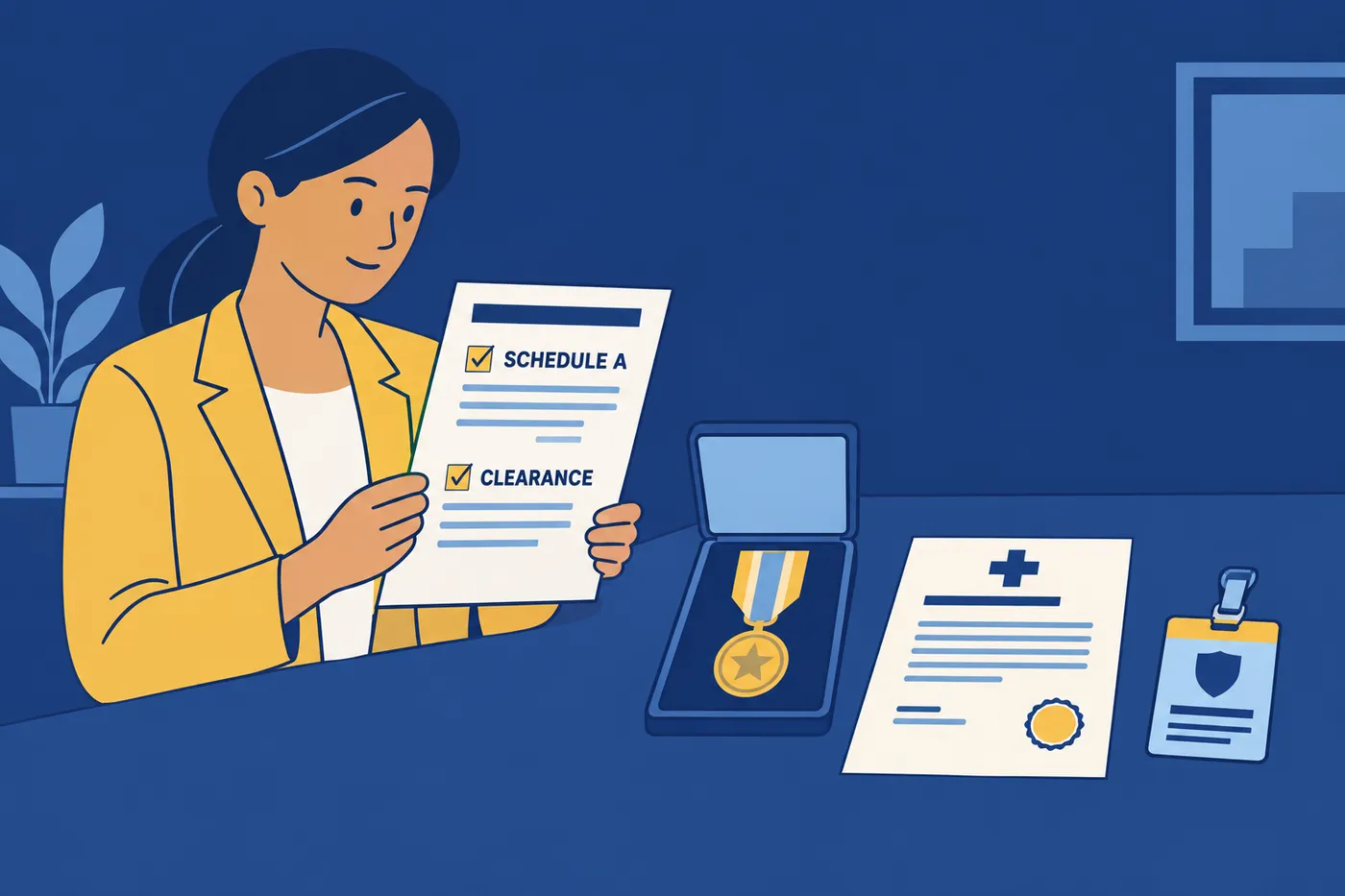 A job seeker reviews a federal resume highlighting Schedule A and clearance sections, next to her eligibility documents.