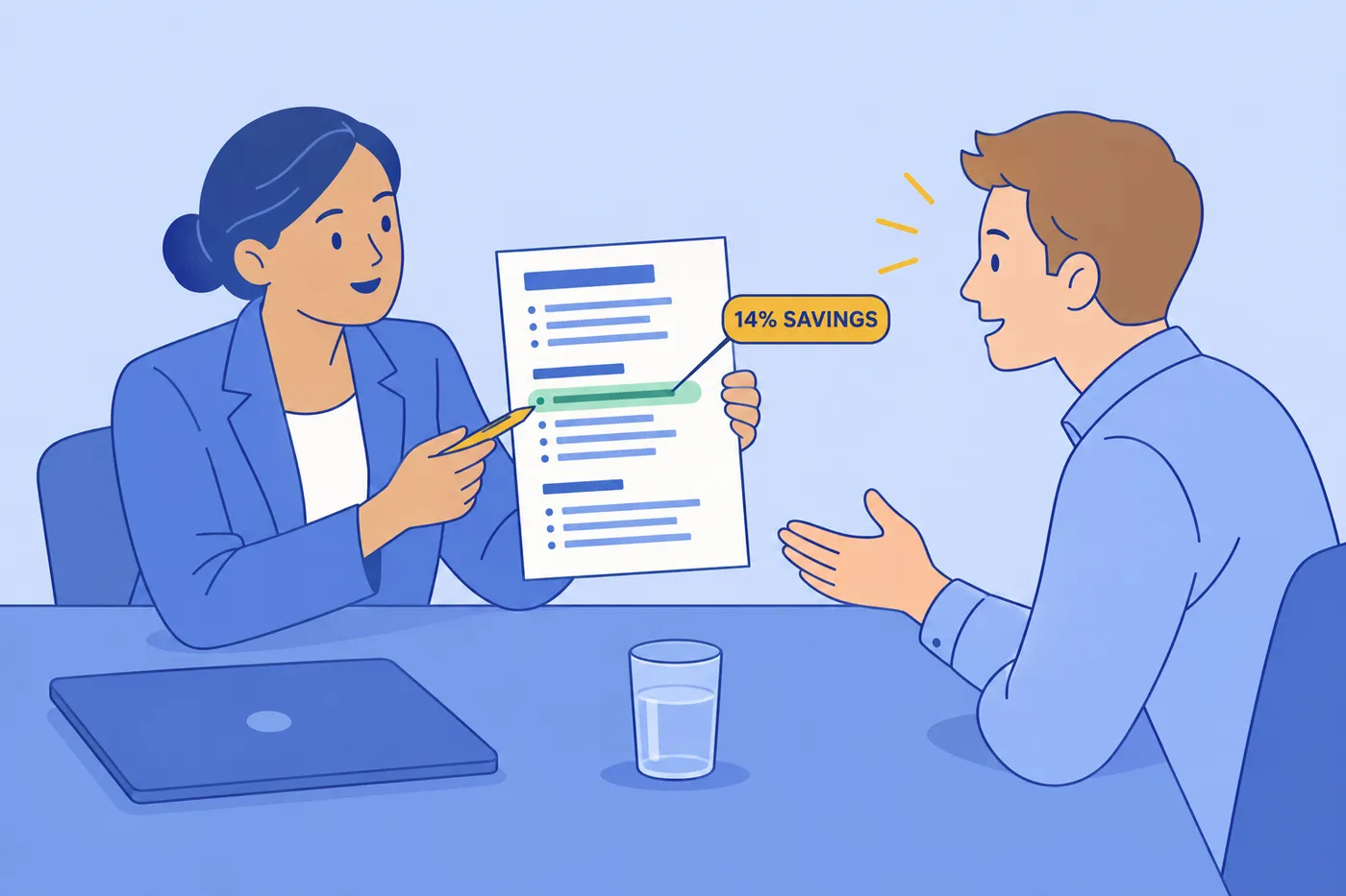 A hiring manager reviews a resume highlighting a fourteen percent savings metric during a financial analyst interview.