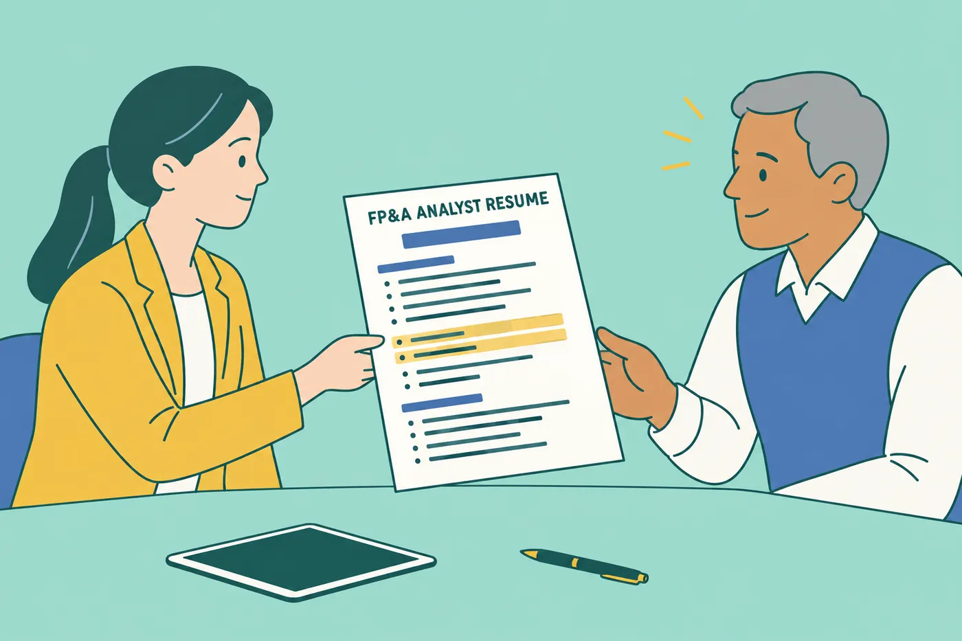 A candidate hands an FP&A analyst resume to a hiring manager, for a guide on financial analyst resume keywords.