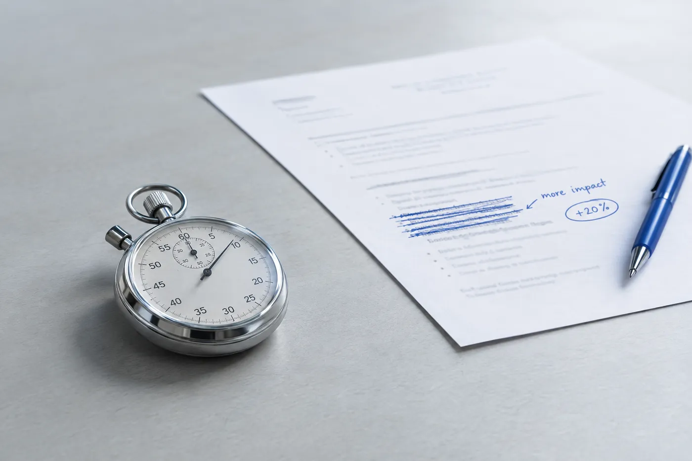 An analog stopwatch sits on a desk next to a printed resume with handwritten blue-ink performance edits.