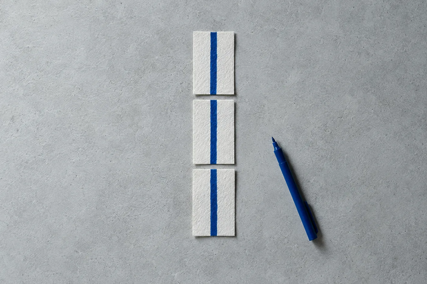 Three white paper strips representing tech stack layers, joined by a single continuous line of blue ink.