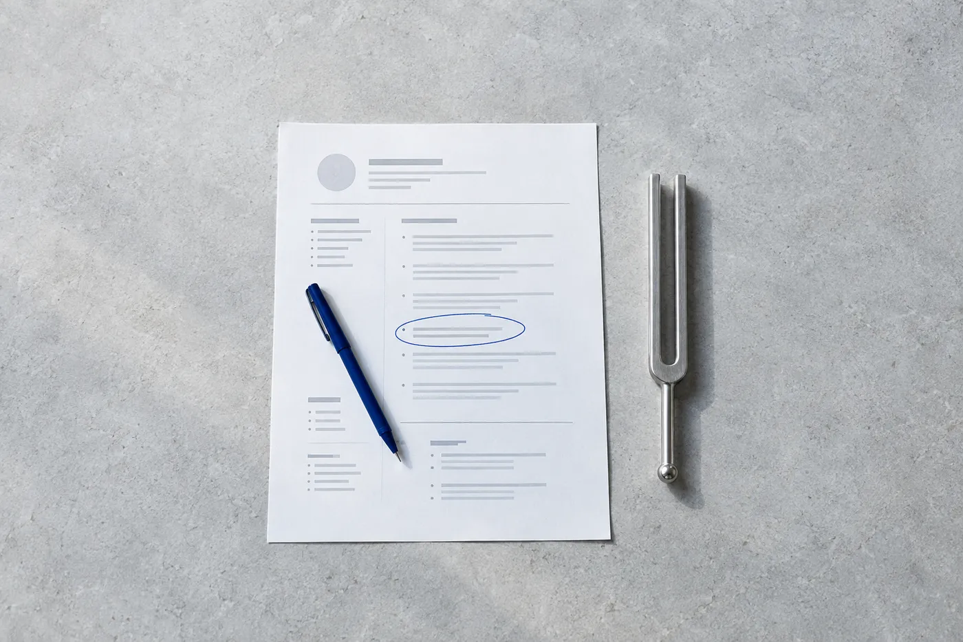 A silver tuning fork next to a printed resume with a bullet point circled in blue ink, representing performance tuning.