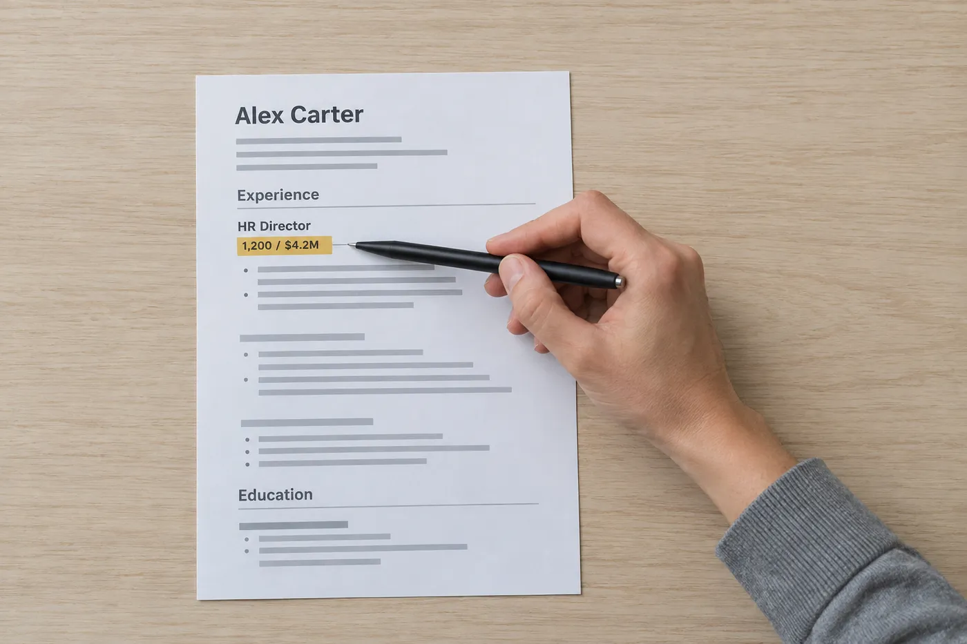 A hand pointing a pen at highlighted scope numbers '1,200 / $4.2M' on an HR director resume.