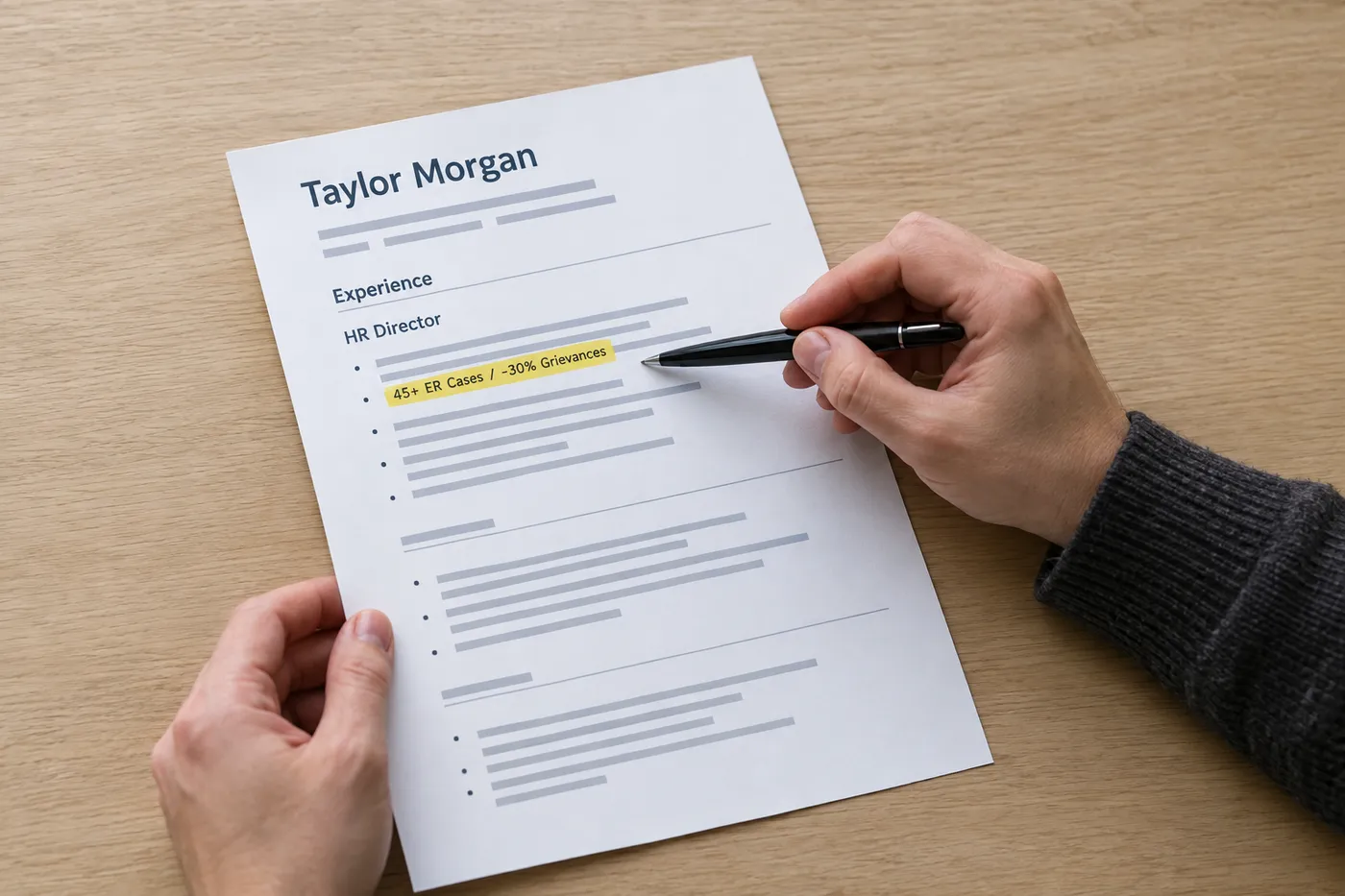 A hand with a pen pointing to a metrics-focused employee relations bullet point on a printed HR resume, showing specific outcomes.