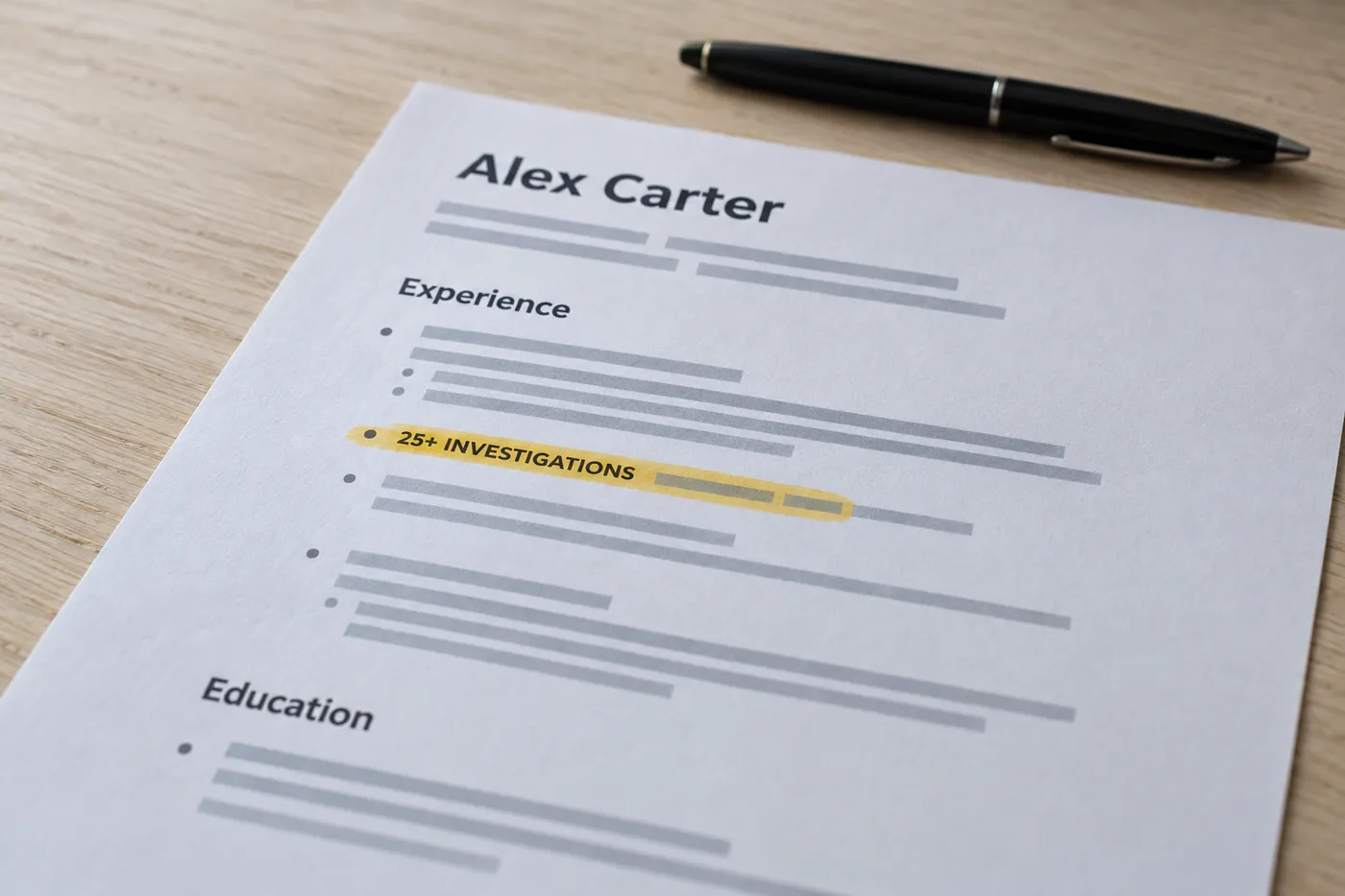A close-up of a printed HR resume on a wooden desk, highlighting a line about conducting 25+ investigations, illustrating compliance proof.