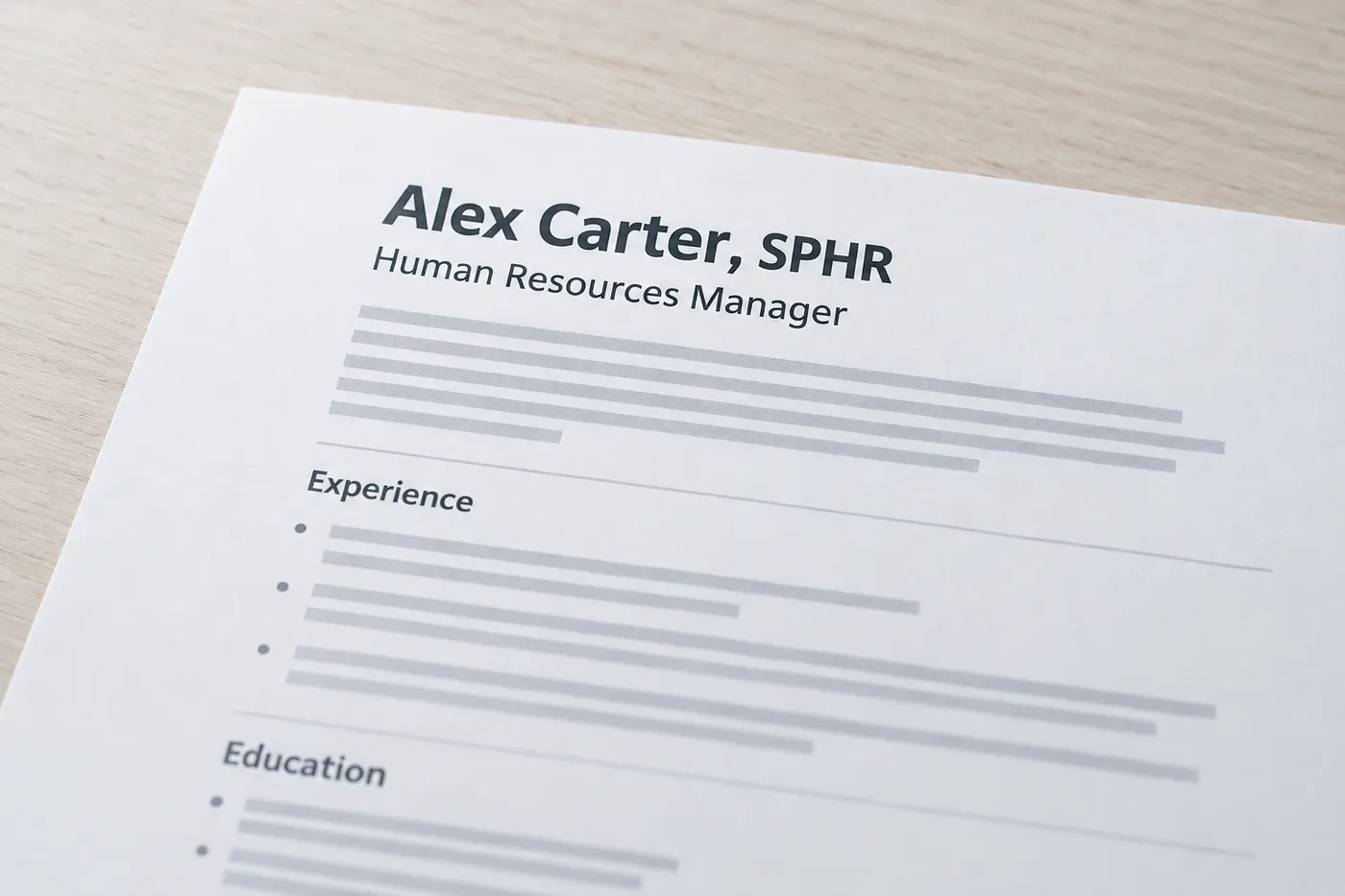 A close-up of an HR manager resume showing the SPHR certification placed directly next to the candidate's name.