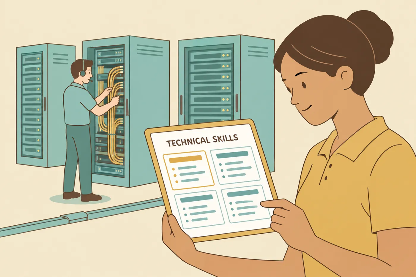 An IT support specialist views a technical skills resume layout on a tablet inside a server room.
