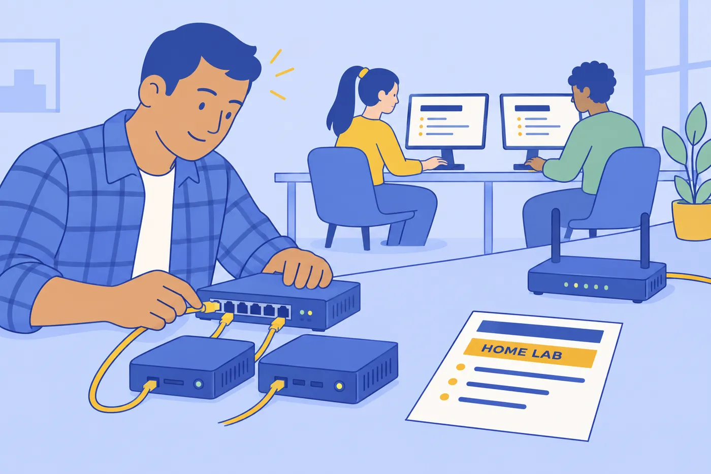 An IT candidate builds a home server lab next to a resume that lists his home lab as hands-on experience.