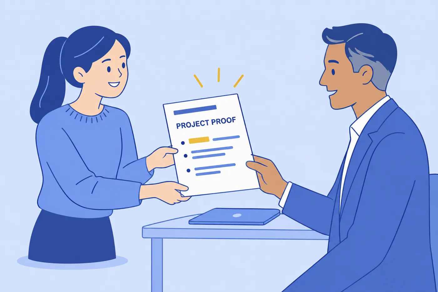 A student hands her resume to a hiring manager, highlighting her project experience as proof of her skills.