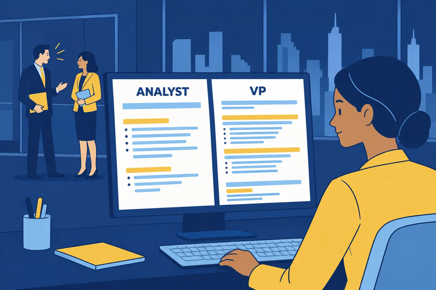 An investment banker compares an analyst resume and a VP resume side-by-side on a widescreen monitor in a high-rise office.