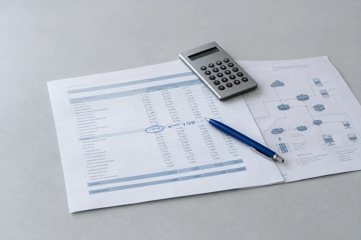 An IT budget spreadsheet with a calculator and blue pen on a desk, representing IT management and cost control.