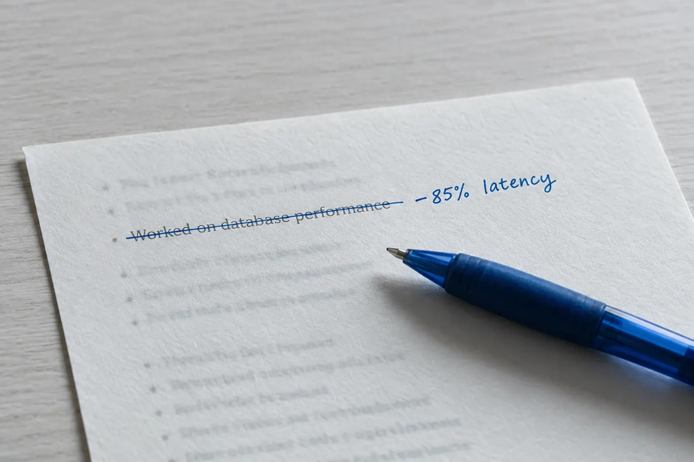 A close-up of a resume where a generic bullet point is crossed out and edited by hand with '-85% latency' in blue ink.