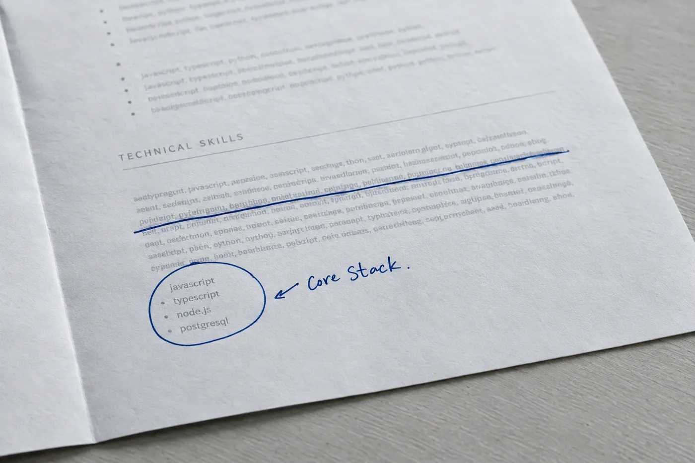 A close-up of a resume where a bloated block of skills is crossed out in blue ink, highlighting a curated list of four core technologies.