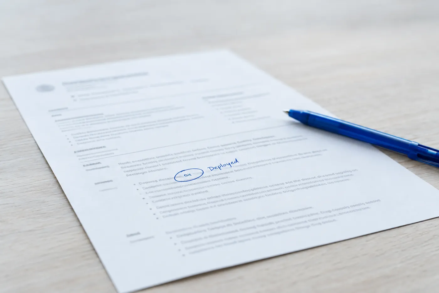 A printed resume on a wooden desk with 'Git' and 'Deployed' written in blue ink, highlighting junior developer keywords.