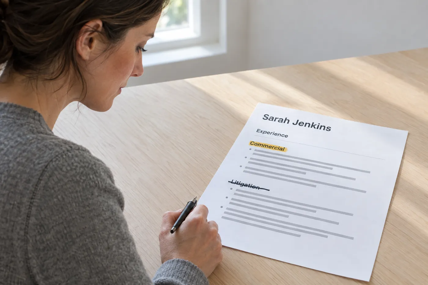 A lawyer editing a printed resume at a wooden desk, crossing out a litigation section to focus on commercial law.