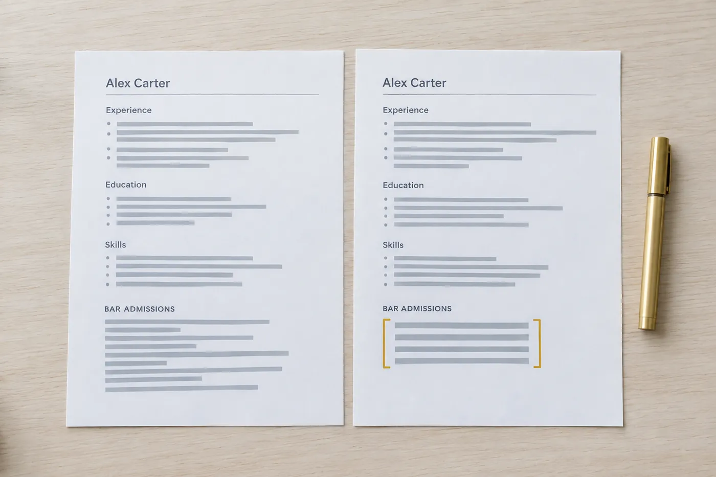Two resume drafts side-by-side showing a messy ten-line bar admissions block versus a clean four-line layout.