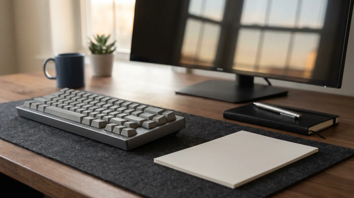 A minimalist developer workspace with a mechanical keyboard and a face-down resume on a dark felt mat.
