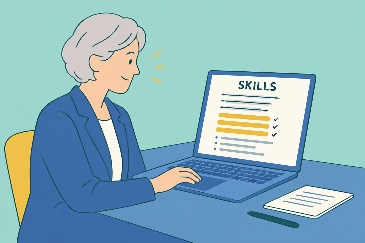 An experienced engineer refines her resume skills block on a laptop, removing generic buzzwords to focus on shipped tech.