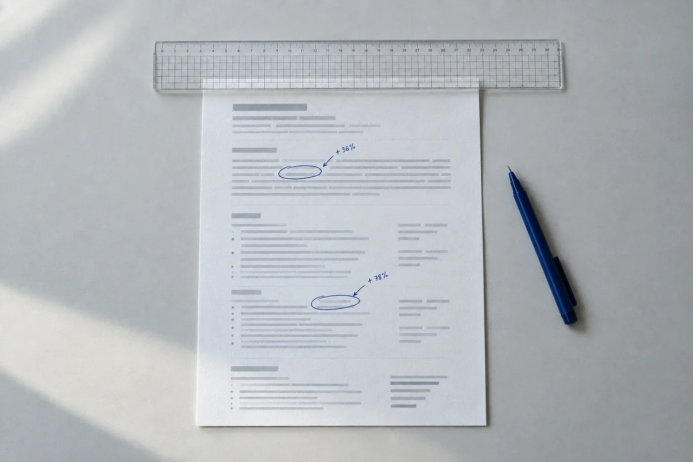 A printed resume on a grey desk with a clear gridded ruler aligned over the professional summary, where key numbers are circled in blue ink.