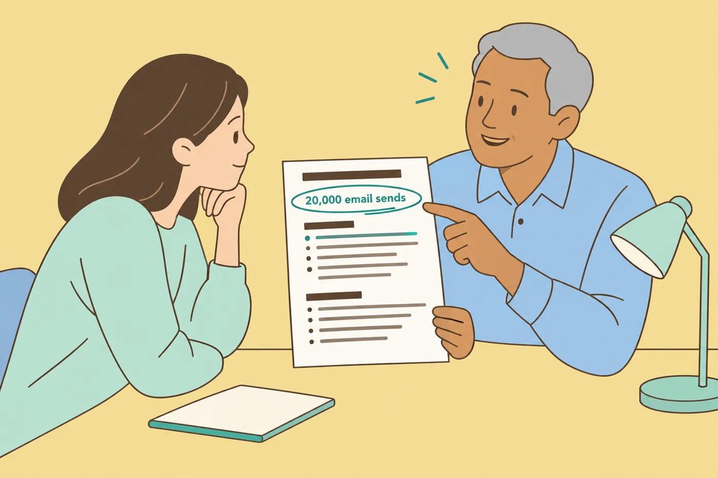A mentor and a young woman sit across a desk holding a resume, highlighting a specific metric for an article on honest marketing results.