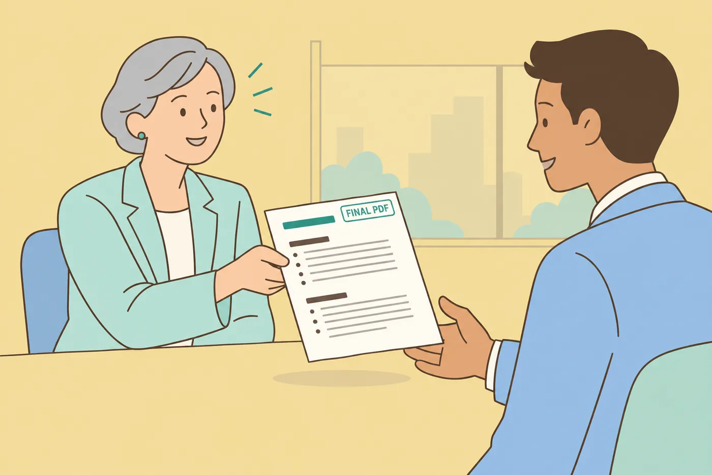 A job candidate hands a resume stamped 'FINAL PDF' to a hiring manager, illustrating the final file format check.