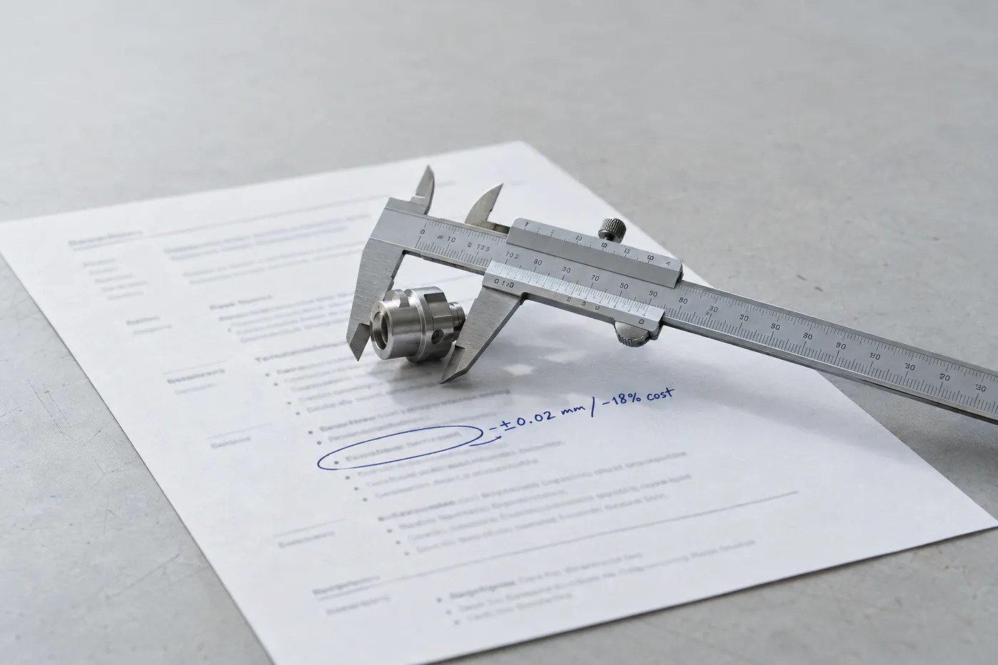 A steel caliper measuring a machined part on a resume with blue handwritten tolerance and cost-saving annotations.