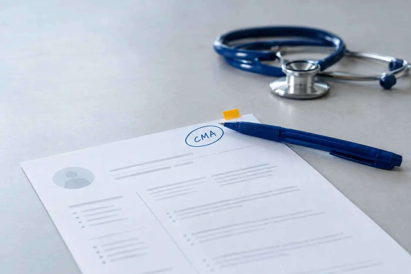 A printed medical assistant resume with the CMA credential circled in blue ink next to a stethoscope.