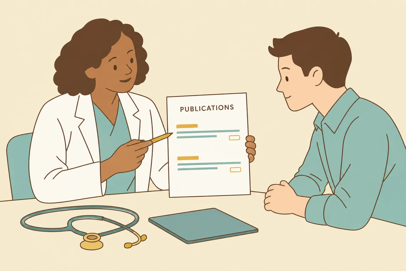 A senior doctor reviews the publications section of a medical student's CV during a mentorship meeting.