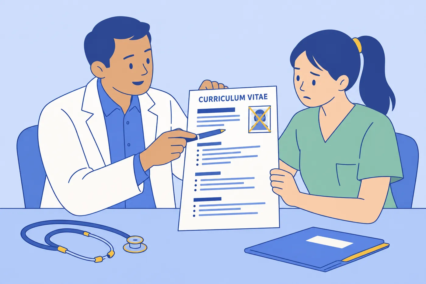 A residency director points out a crossed-out photo on a medical CV to a student, illustrating mistakes to avoid.